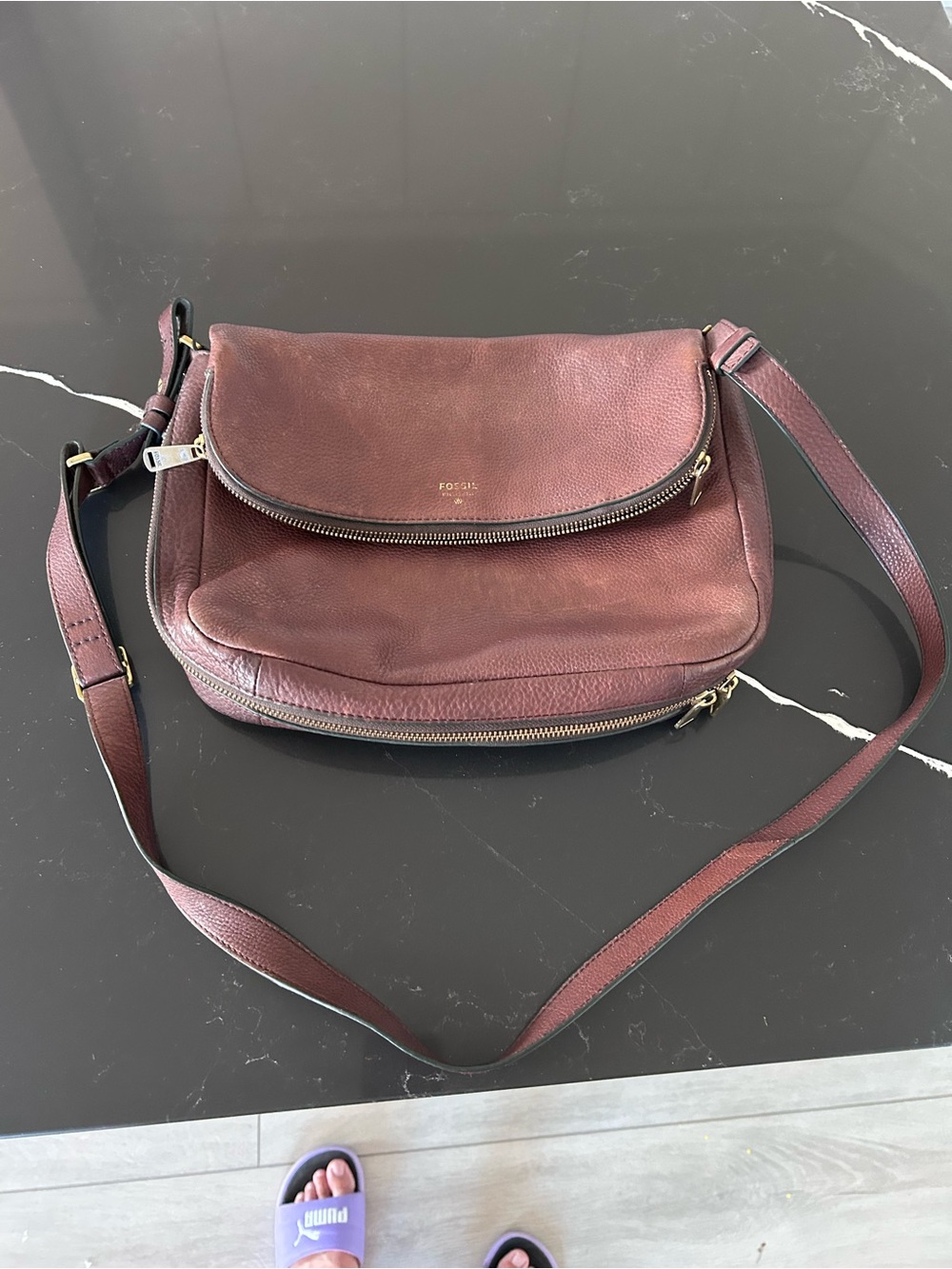 Fossil Preston Brown Leather Crossbody Bag Front Zip Adjustable Strap Purse